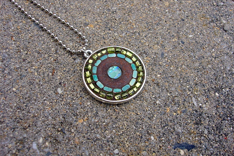 Mosaic Pendant Green, Rust and Blue Necklace