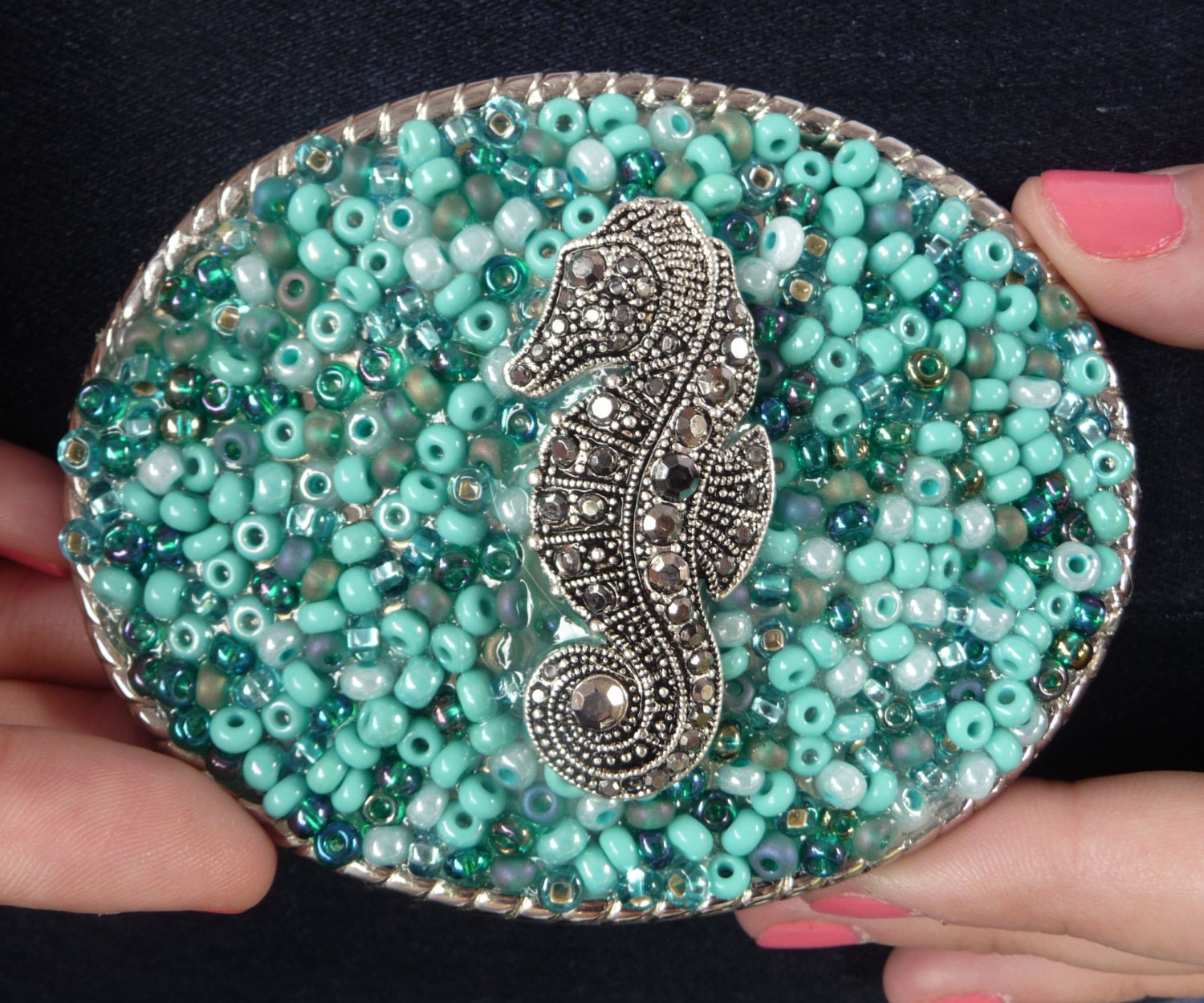 Embellished Seahorse Belt Buckle - Womens Silver Oval - Aqua Turquoise - Ocean Summer Theme - ooak custom changeable