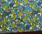 60s 70s Fruit Floral Cotton Tablecloth - Turquoise Spring Green Blue White - Flowers Fruit - Fringe Edge - Vintage