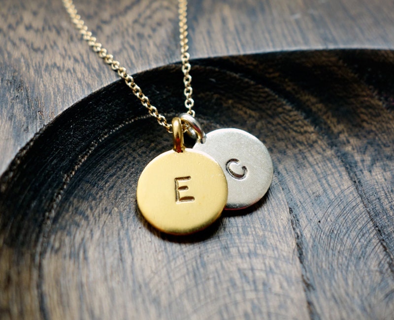 Two Disc Personalized Necklace / Gold And Silver Initial Necklace/ Mothers Necklace / Couples Necklace / Small Circle Charm Necklace
