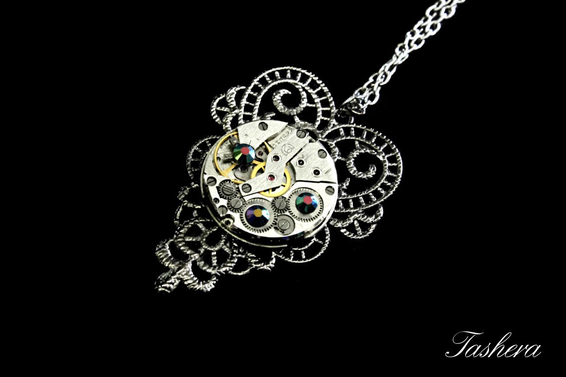 Steampunk Necklace- Industrial Wedding- Luxury Statement- Silver Clockwork- Vintage Watch Movement- Swarovski- Filigree- tasherajean- SPN34
