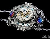 Steampunk Bracelet- Industrial Wedding- Luxury Statement- Silver Clockwork- Vintage Watch Movement- Swarovski- Filigree- tasherajean- SPB06