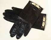 Vintage 60s Gloves Black Leather & Gold Trim Ladies Driving S