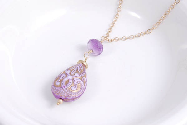 Pendant Necklace Lilac Teardrop Amethyst Gold Handmade Jewelry Gifts for Her Under 35