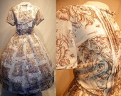 1950's Mocha TOILE Scene Novelty Print Cotton Day  Dress Vintage 50's Cherub Victorian Lady Baroque Calendar Printed Couture Bombshell Dress