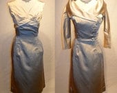 1950's Taupe Silver Liquid SATIN Structured Wiggle Dress And Jacket Vintage 50's COUTURE Mad Men Draped Sexy Bombshell Dress Suit