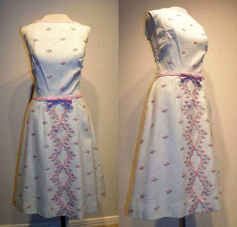 1950's White Linen Pink Roses COVER GIRL of MIAMI Cocktail Dress Vintage 50's 60's Rosebud Embroidery Mad Men Couture Party Dress