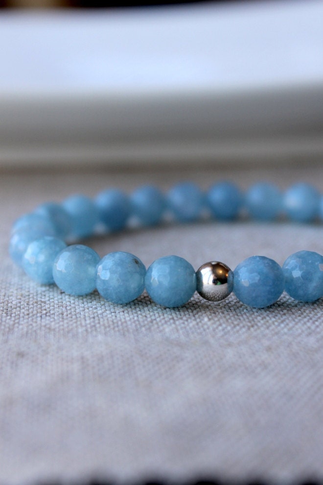 Blue Jade Bracelet, Sterling Silver, Stone Bracelet, Grey Blue, Stretch Bracelet, Semi Precious Stone, Stacking Bracelet