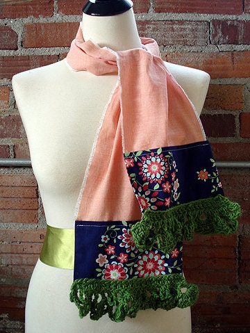 peach cotton scarf with wool crochet lace