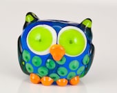 Small Blue Owl Lampwork Glass Bead - bubble eyes