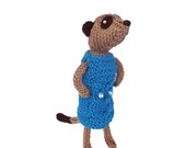 Handknitted Meerkat Model wearing owl cable dress, cute meercat, fashionable animal plush
