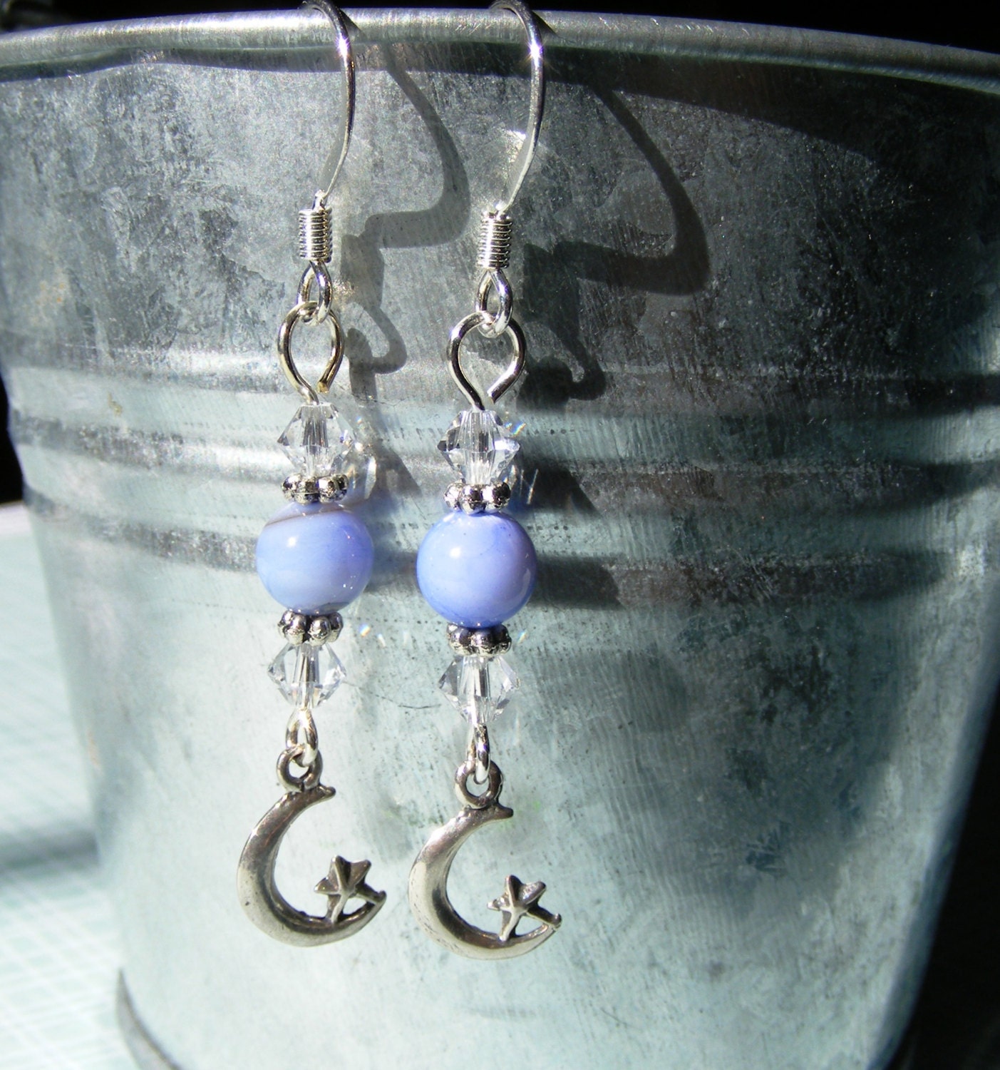 Moon and star earrings with light sapphire and swarovski crystals