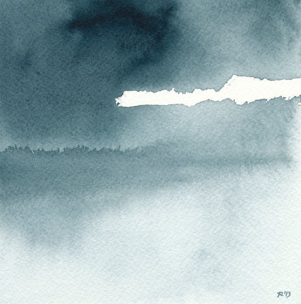 Quiet Day - Landscape Painting - Reproduction of Watercolor, Indigo Blue, 8 X 8 inches - reneeanne