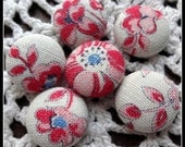 6 Handmade Red Floral Vintage Feed Sack Buttons