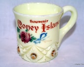 Yellow custard glass cup mug, Coney Island New York souvenir, vintage 1900, diamond with peg pattern