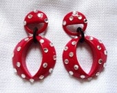 Retro 1980's Large Round Fire Engine Red and Rhinestone Dangle Earrings