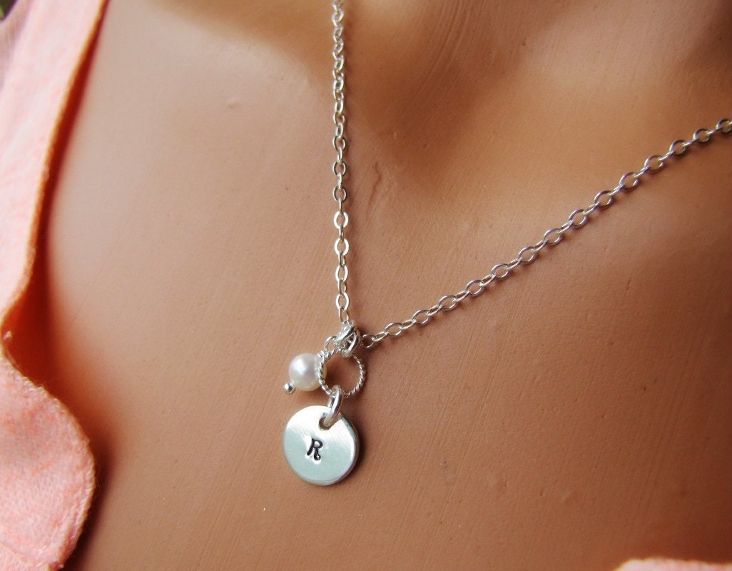 Personalized Initial Necklace With Pearl, Sterling Silver Monogram Jewelry, Custom Initial, Hand Stamped, Tag, Disk,