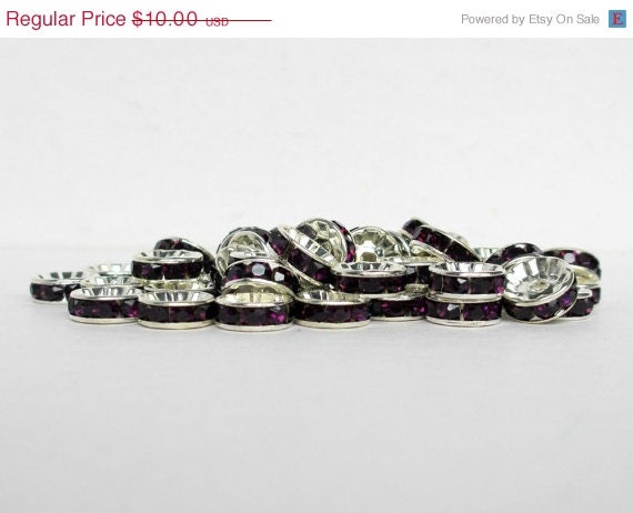 50% OFF SALE 50 pcs Amethyst Silver Rhinestone Rondelles, 10mm Rondelles