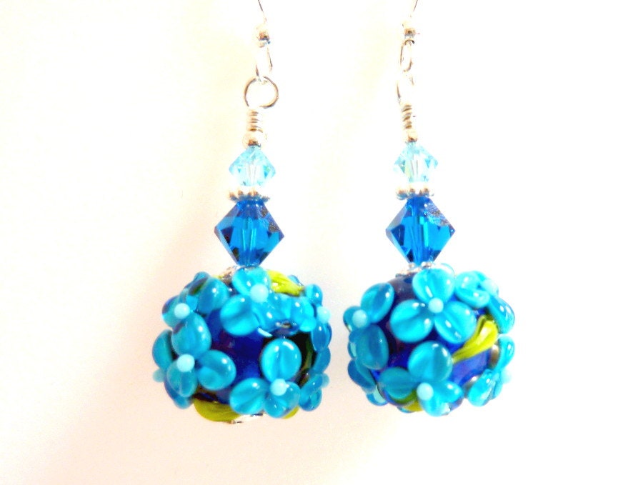 Aqua Flower Earrings, Turquoise Blue Floral Glass Beaded Earrings, Blue Chintz Earrings,  Mothers Day, Beautiful Blue Flowers
