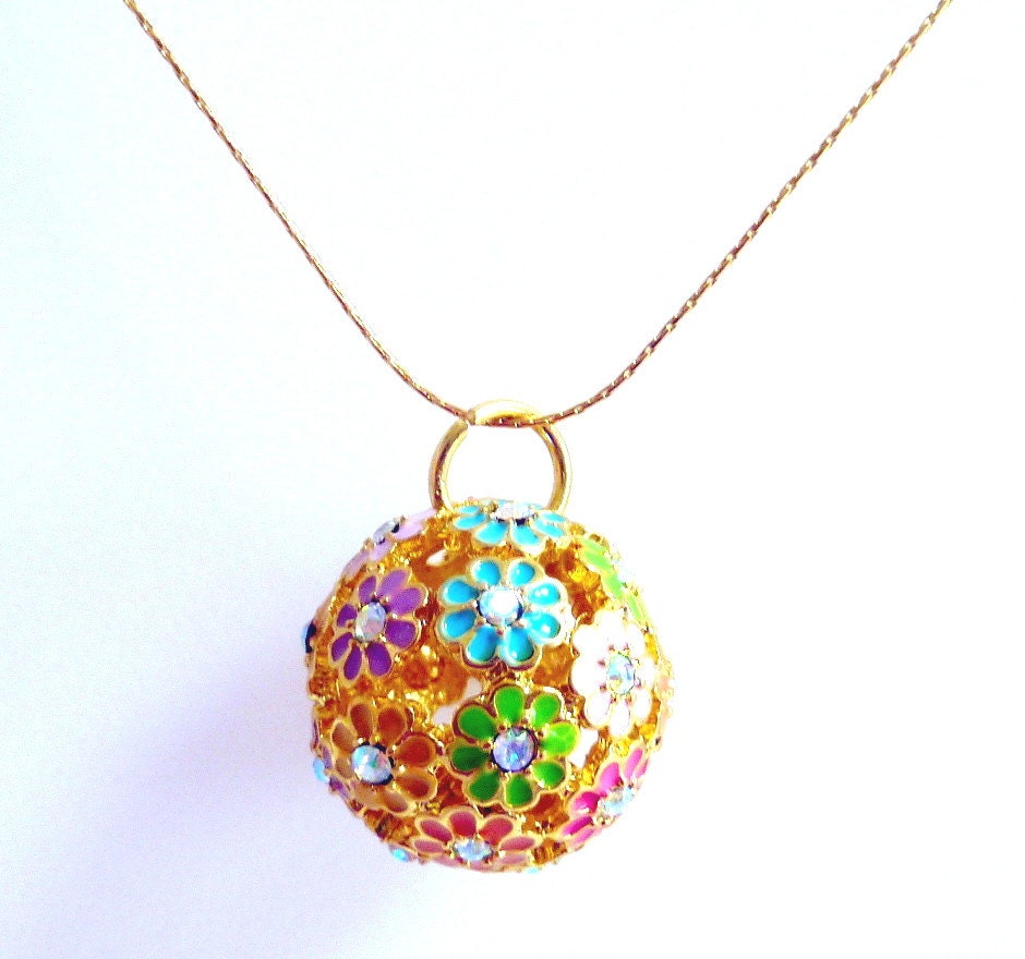 Flower Ball Pendant Necklace, Aqua Pink Purple Yellow Green Gold Floral Pendant Necklace, Spring Summer Fun, Flower Power, Mother's Day