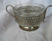 VINTAGE Clear Glass Sugar Bowl Trinket or Candy Dish with Silver Metal Holder