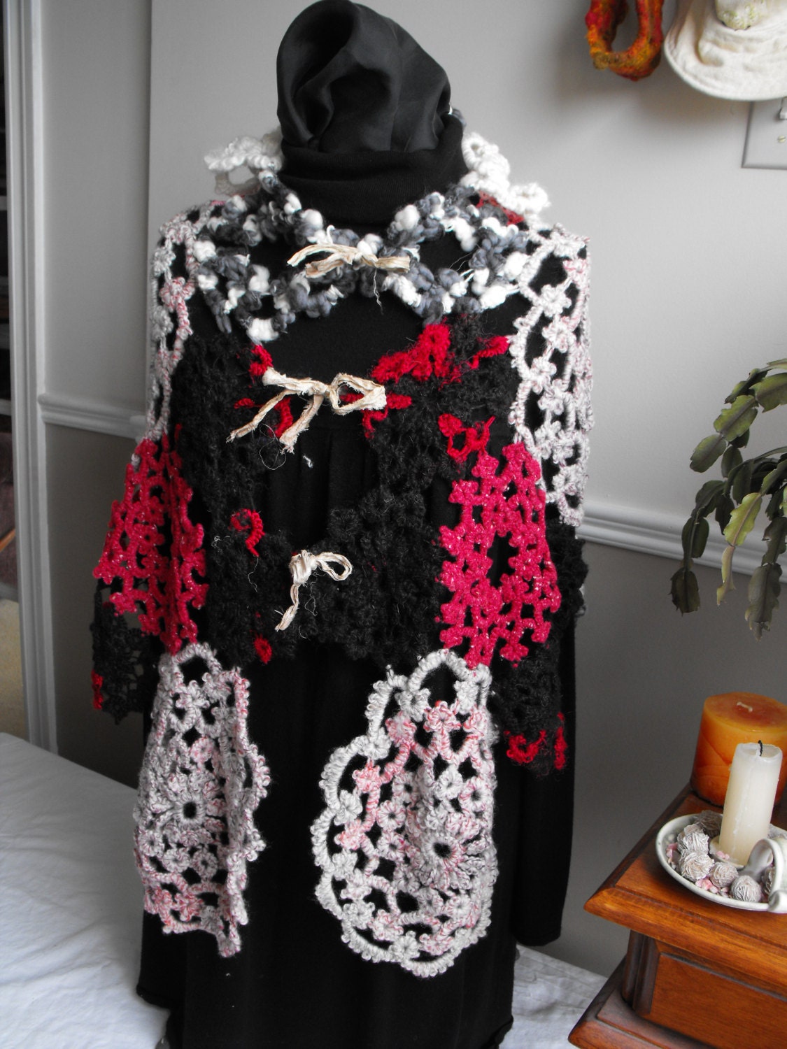 Licorice Twist Needle Tatted Lace Patchwork Ooak Shawl Wrap made with luxurious and natural handspun yarns