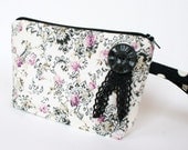 Small Wristlet Zippered Pouch Strap Black and White Purple Floral Button Lace Polka Dots