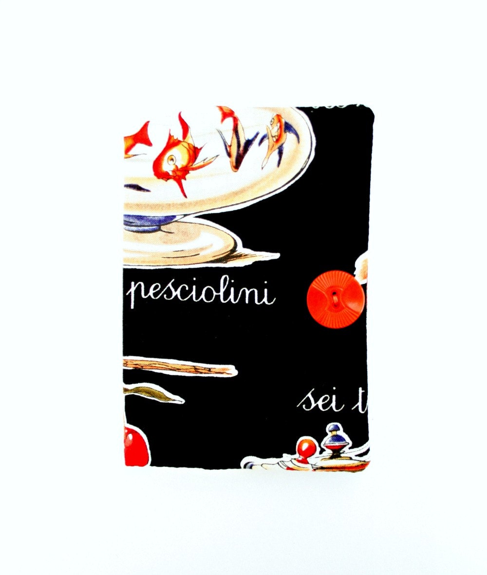 Passport Cover Italian Words Retro Style Cats Fish Letters Black Orange Cherries Animals