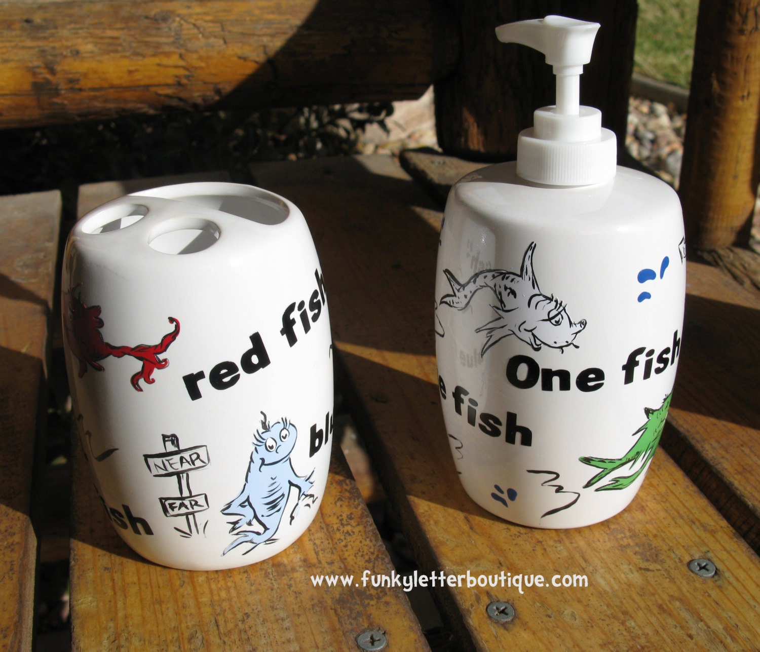 Dr. Seuss One Fish Two Fish Red Fish Blue Fish Bathroom Soap Pump and Toothbrush Holder