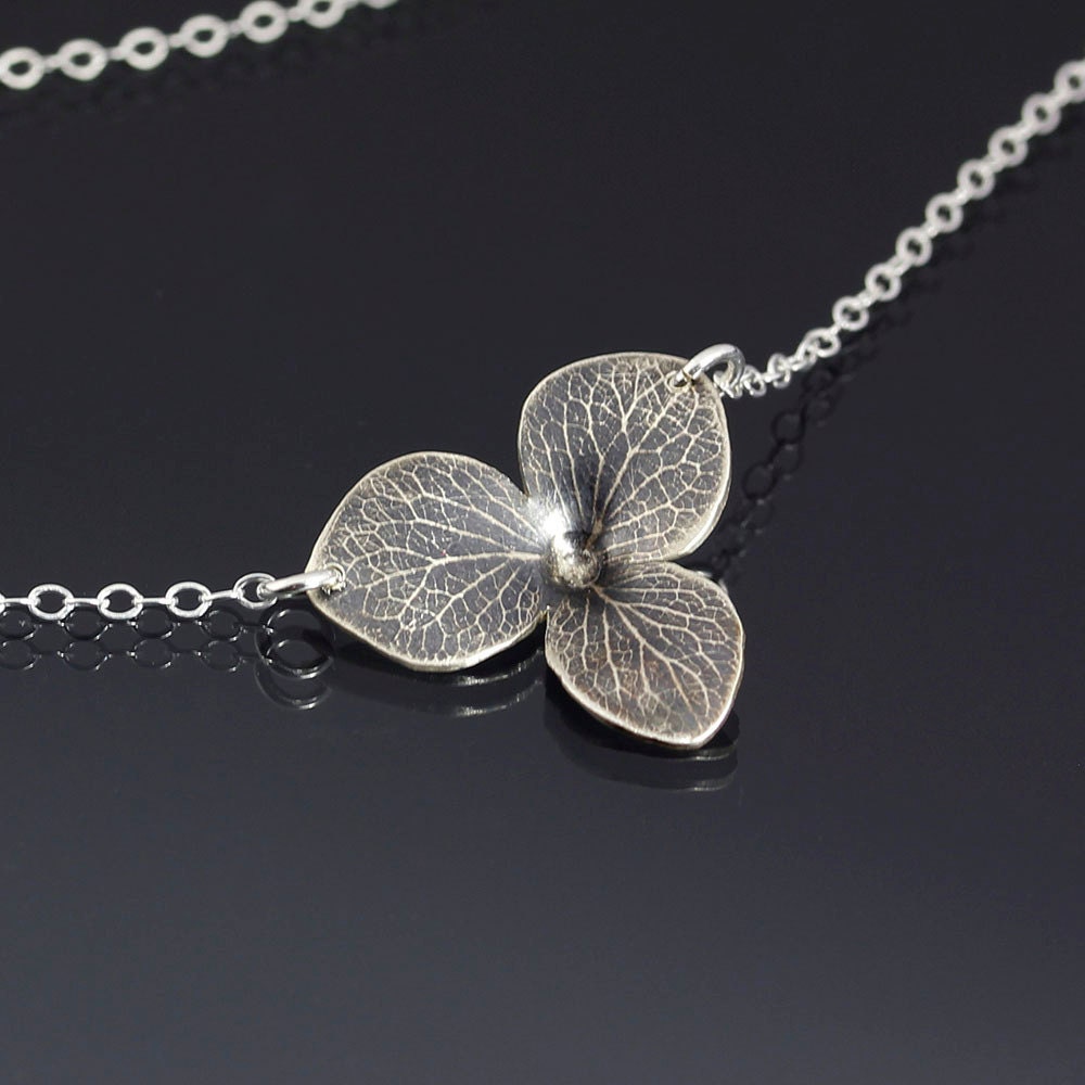 Hydrangea Blossom Necklace - Oxidized Sterling Silver Flower Imprint