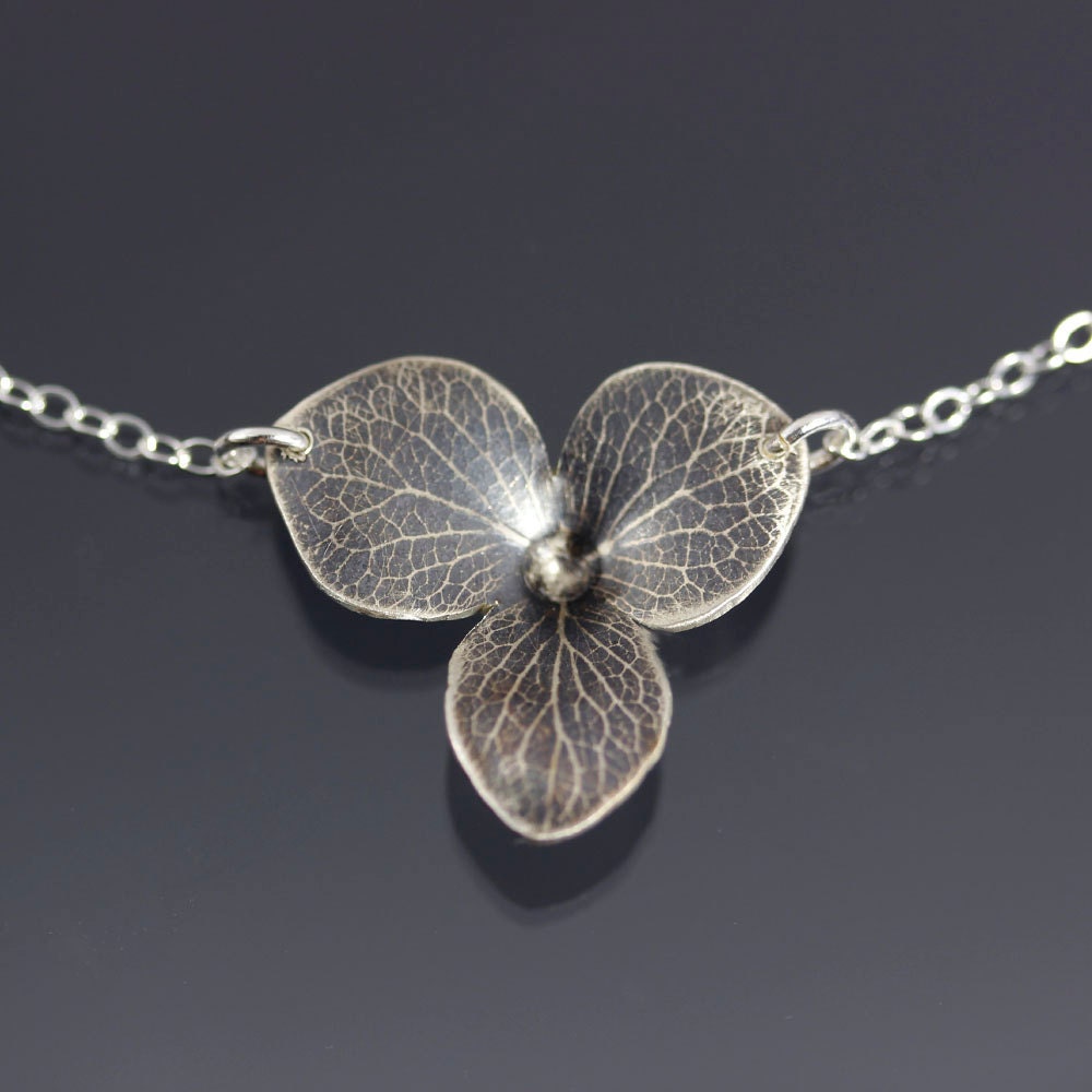 Hydrangea Blossom Necklace - Oxidized Sterling Silver Flower Imprint