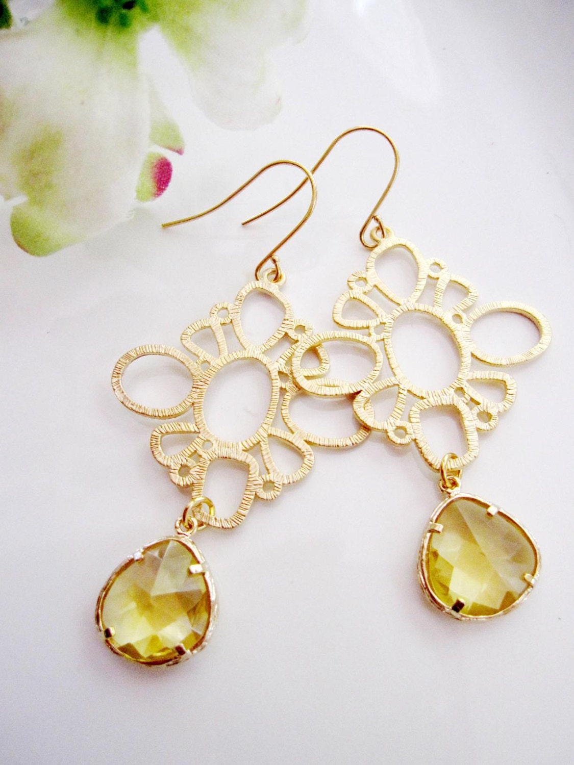 Matte Gold Earrings, Sunshine Earrings with Topaz Teardrop Pendants, Faceted Jewel Glass, Gold Long Dangle Earrings, Bridesmaid Jewelry