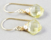 Yellow Drop Earrings, Brazilian Gold Quartz Earrings, Yellow Dangle Earrings, Pearl Earrings