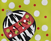 Personalized Monogram Christmas Ornament Holiday Canvas Art Zebra Stripe Green Red Polka Dot Art 10x10