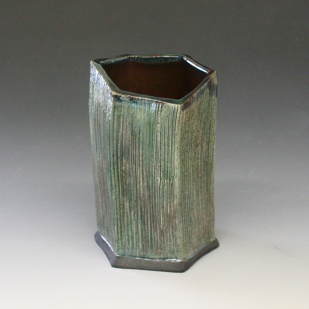 Glittery Green Hexagonal Raku Vase