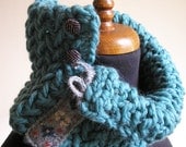 Herringbone knit chunky cowl with tweed button and fairisle detail fastening