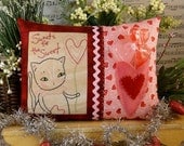 Valentine Kitty cat embroidery pillow PDF Pattern - stitchery 2013 new vintage like heart primitive
