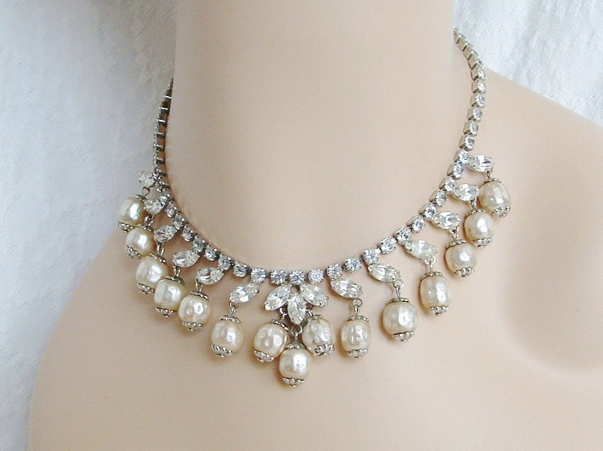 Vintage Rhinestone Pearl Necklace - Bridal, Wedding, Formal