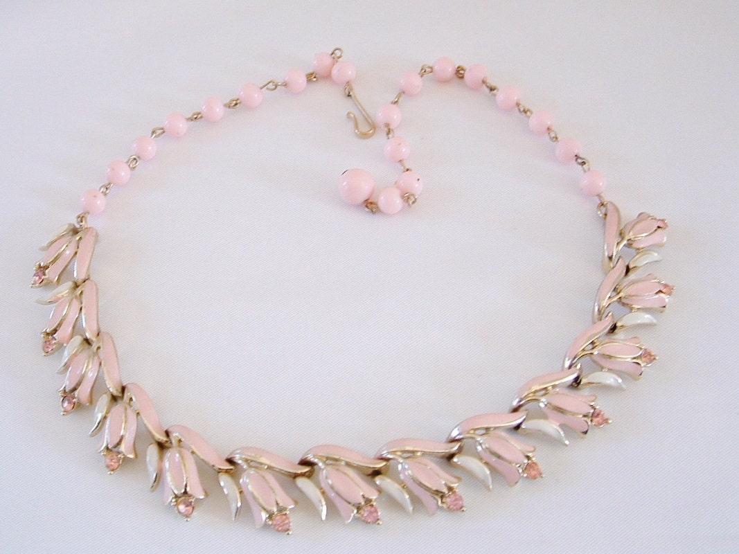 Vintage Coro Pink Rhinestone Enamel Tulip Necklace