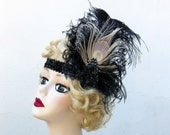 Feather Headband, 1920's Flapper, Head Piece, Fascinator,  Gatsby Costume, Ivory White Peacock, Black Sequins, Hair Accessory