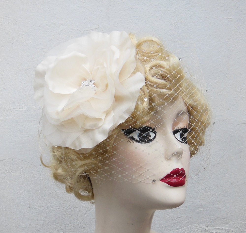 Wedding Veil, Silk Flower, Ivory Rose, Removable Birdcage Veil, Classic Bridal, Crystal Center, Hair Clip, Fascinator, Batcakes Couture