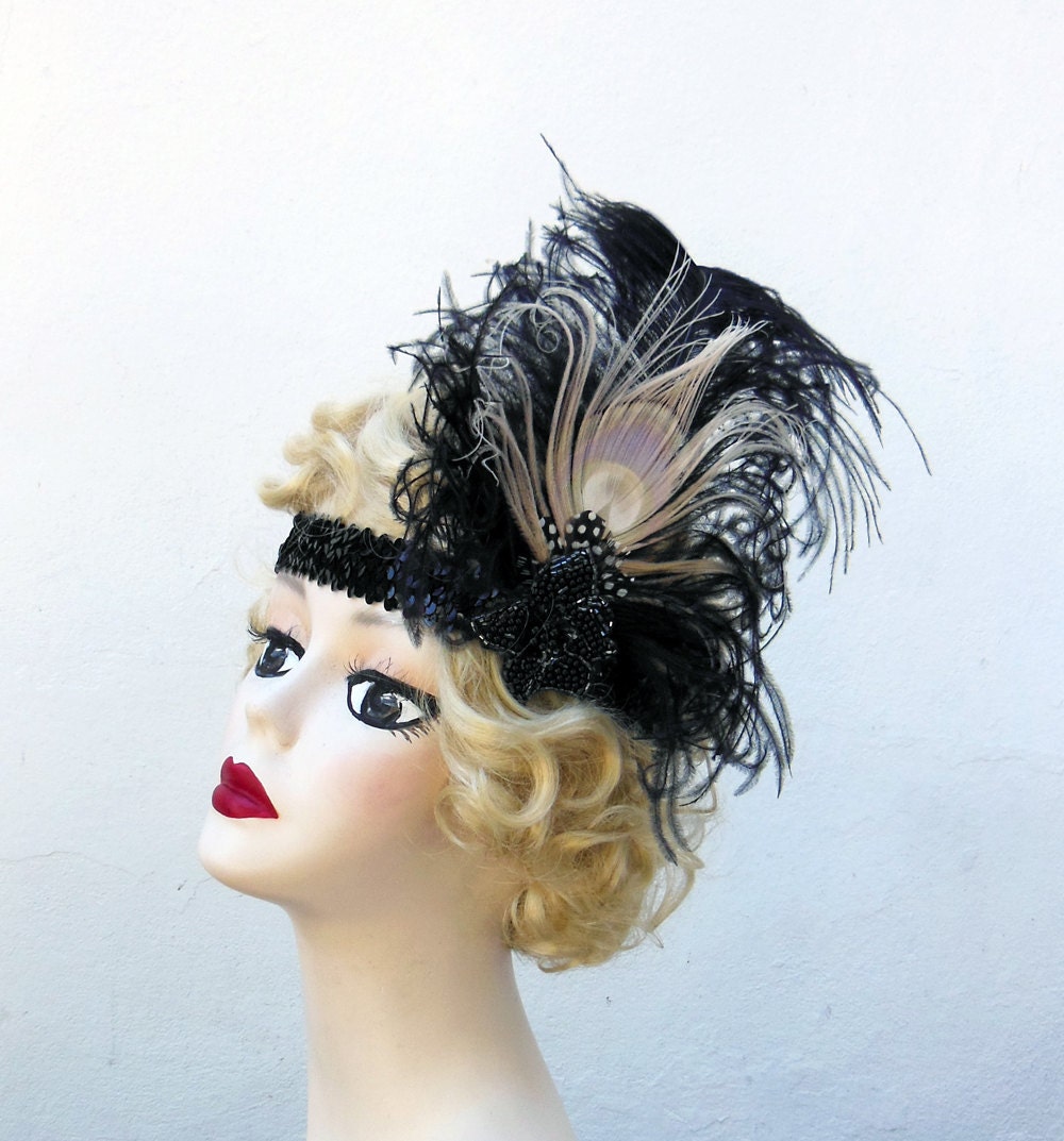 Feather Headband, 1920's Flapper, Head Piece, Fascinator,  Gatsby Costume, Ivory White Peacock, Black Sequins, Hair Accessory