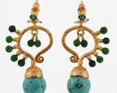 Butterfly Earrings in Turquoise and Green Jade -  Semiprecious Stones - Bohemian - Gold Plated - Hand Hammered