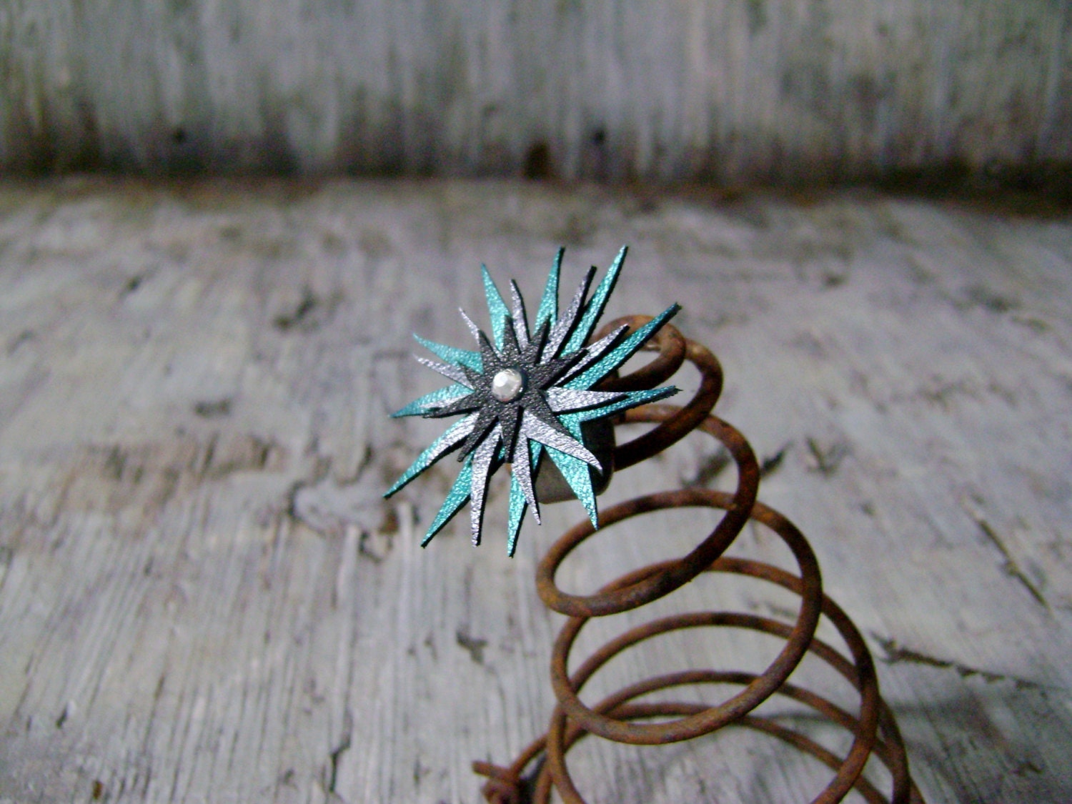 Starburst Layered Leather Statement Ring Adjustable on Metal Ring Base with Rhinestone Center