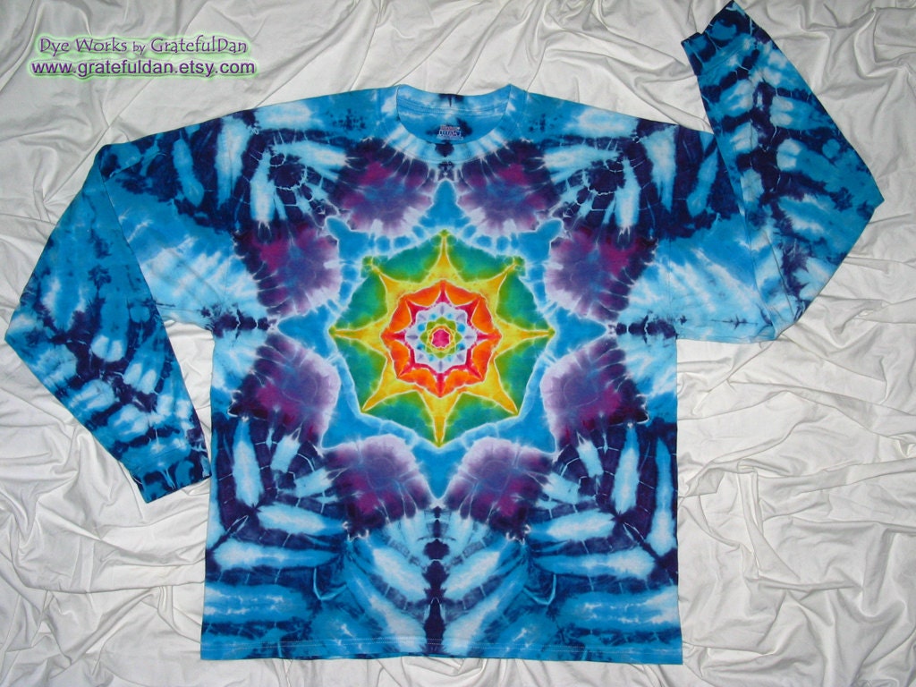 2XL Long Sleeve Beefy-T Shirt with Mandala Star Design  - Tie Dyed by GratefulDan - (ready to ship)