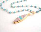 Turquoise Necklace With Stone Pendant - Rosary Style - Turquoise Blue - Gold - Beige - Southwestern