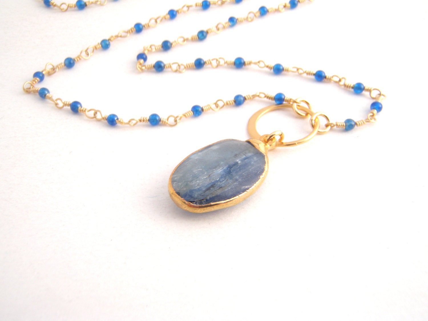Dark Blue Apatite Necklace With Kynite Pendant - Rosary Style - Gold - Denim Blue - Dainty - Wire Wrapped