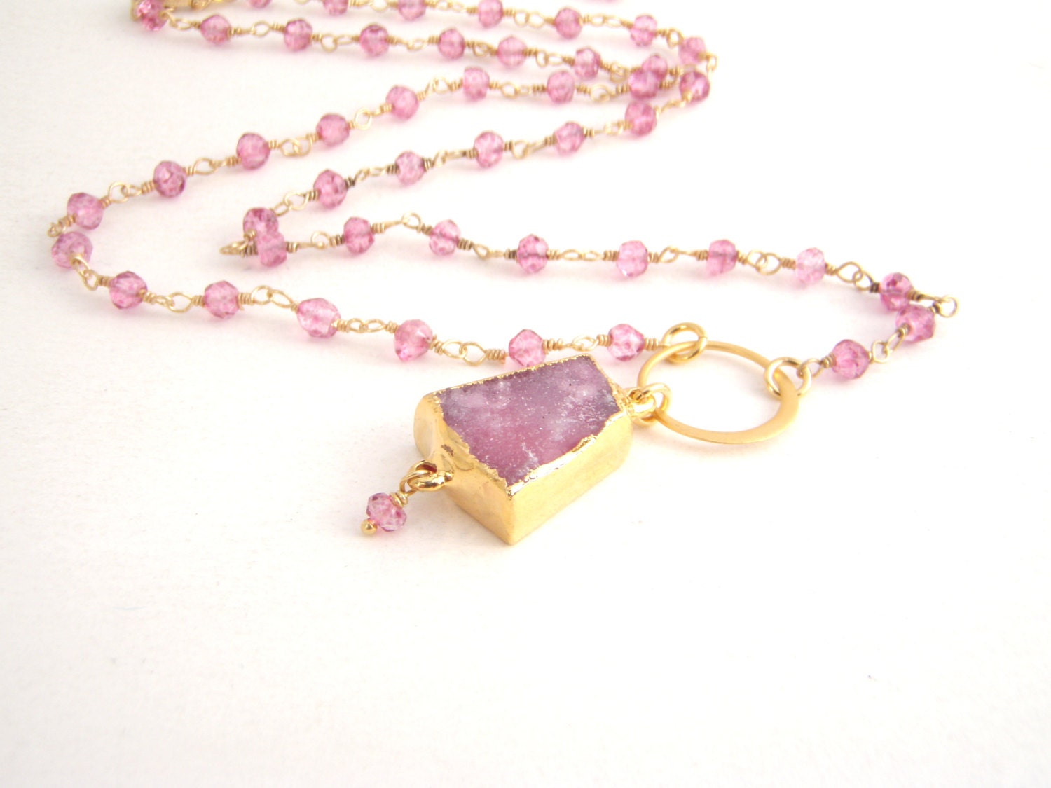 Pink Tourmaline Quartz With Druzy Pendant - Rosary Necklace - Gold - Bubble Gum Pink - Wire Wrapped
