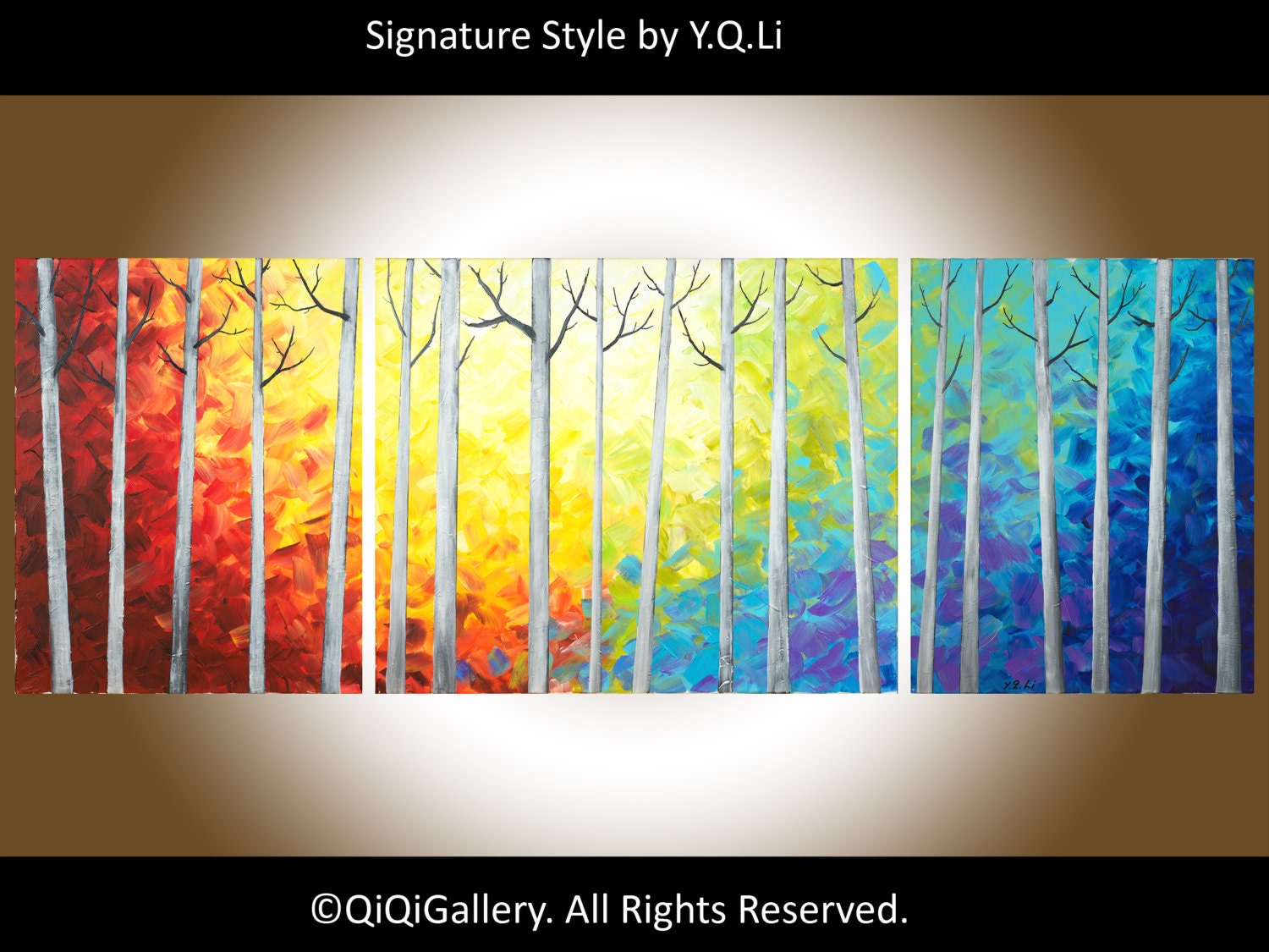 56" Large birch painting rainbow colors Landscape Painting Original Heavy Texture Impasto Birch Trees Wall Décor by QIQIGALLERY