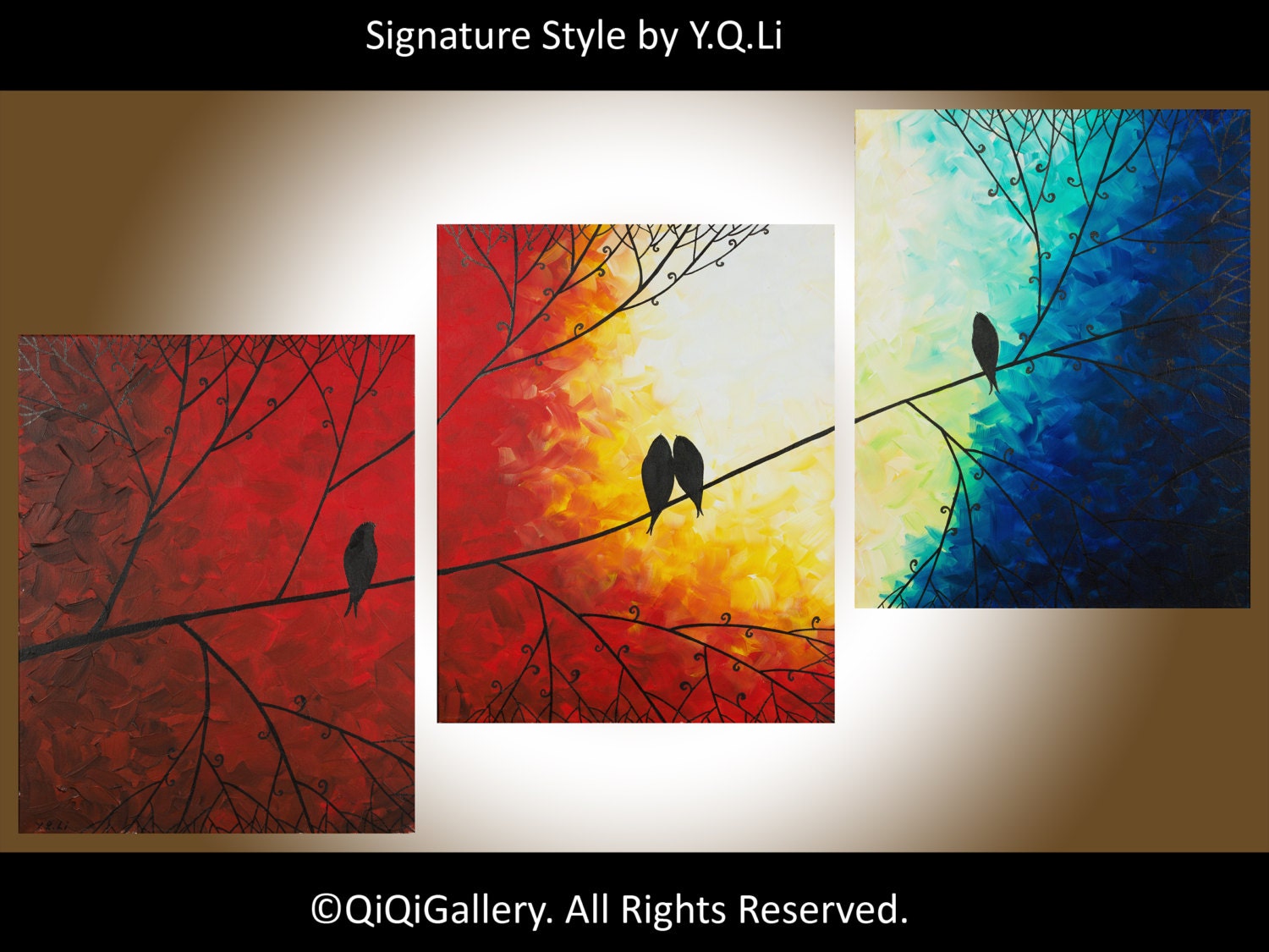 48" Abstract Landscape Painting Original Modern Heavy Texture Impasto Tree Love Birds Wall Décor "Sunset in Forest II" by QIQIGALLERY